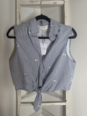 Sitano NWT Women's Small 100% Cotton Floral Embroidered Stripe Sleeveless Top